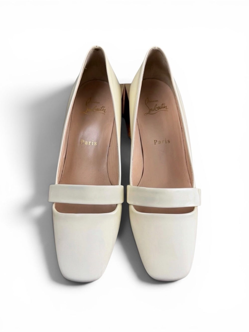 Christian Louboutin Cream Patent Mary Jane Block Heel Pumps